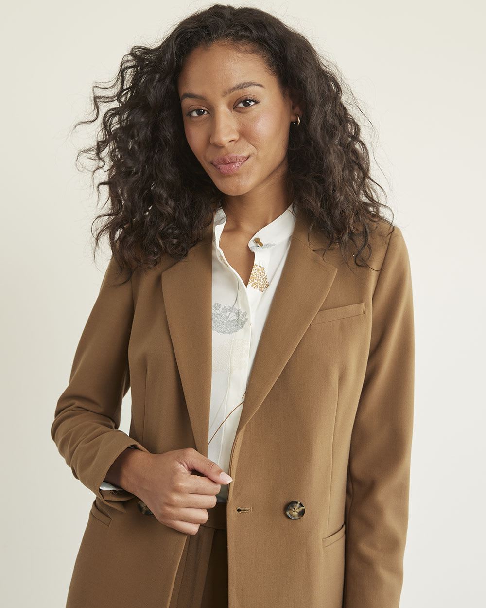 Double-Breasted Long Tan Blazer