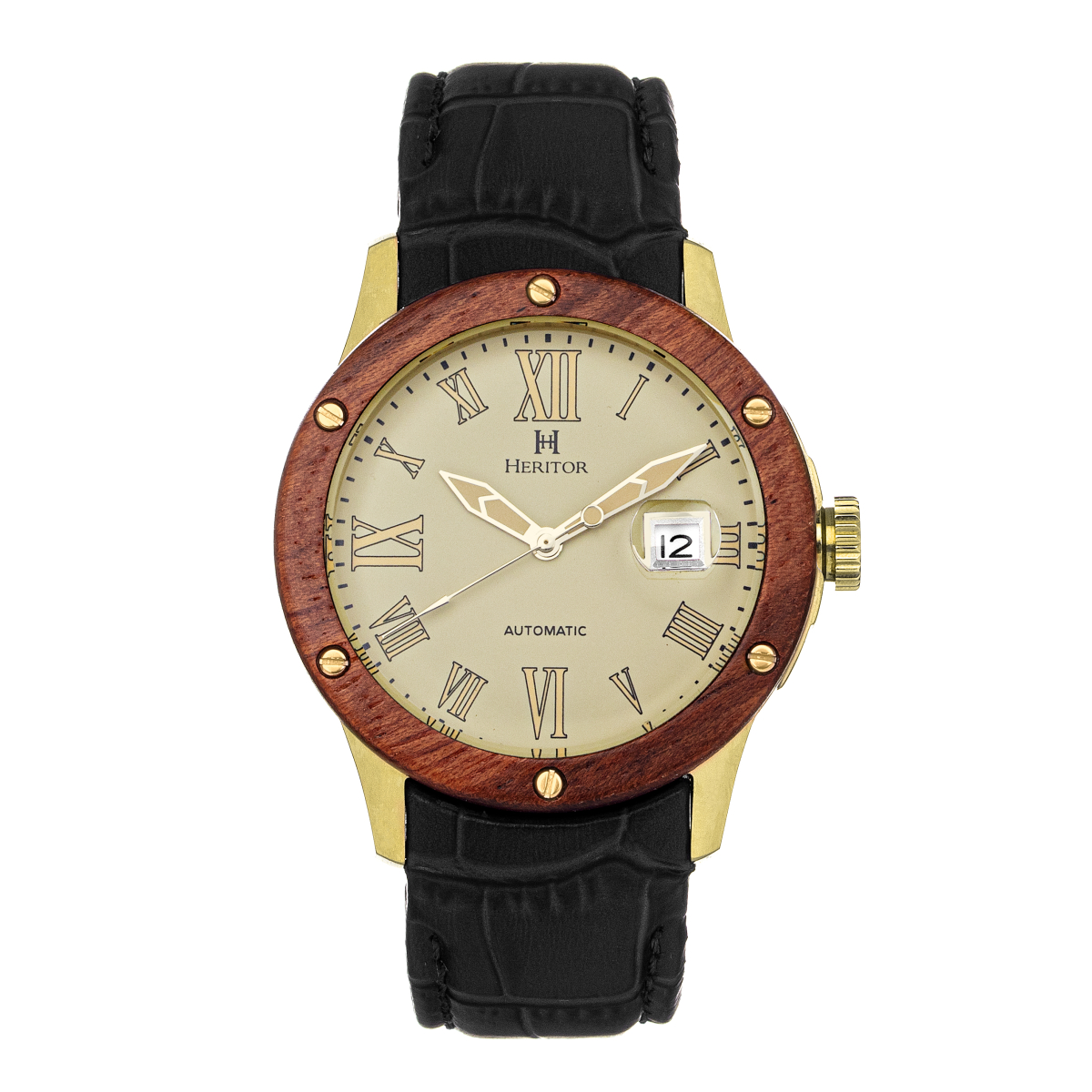 Heritor Automatic - Everest Wooden Bezel Leather Band Watch /Date - Rose Gold/Blue