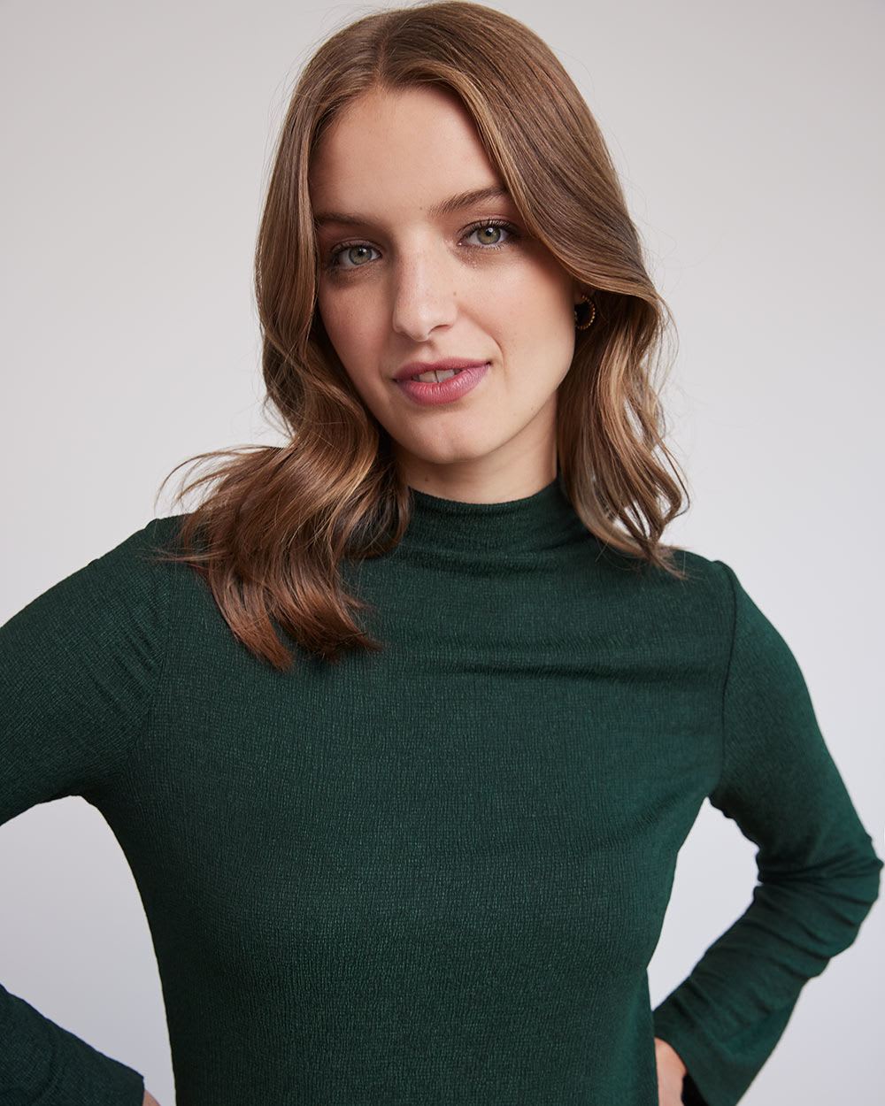 Long-Sleeve Crinkle Top with Funnel Neckline