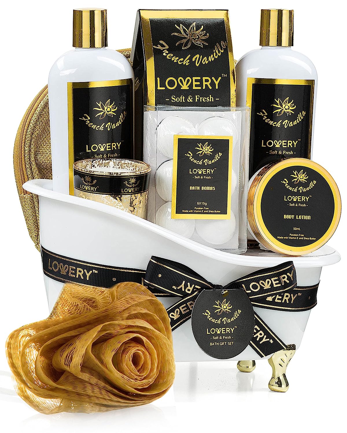 Lovery Gift Basket Set - Relaxing Home Spa Kit - Scented Spa Candle
