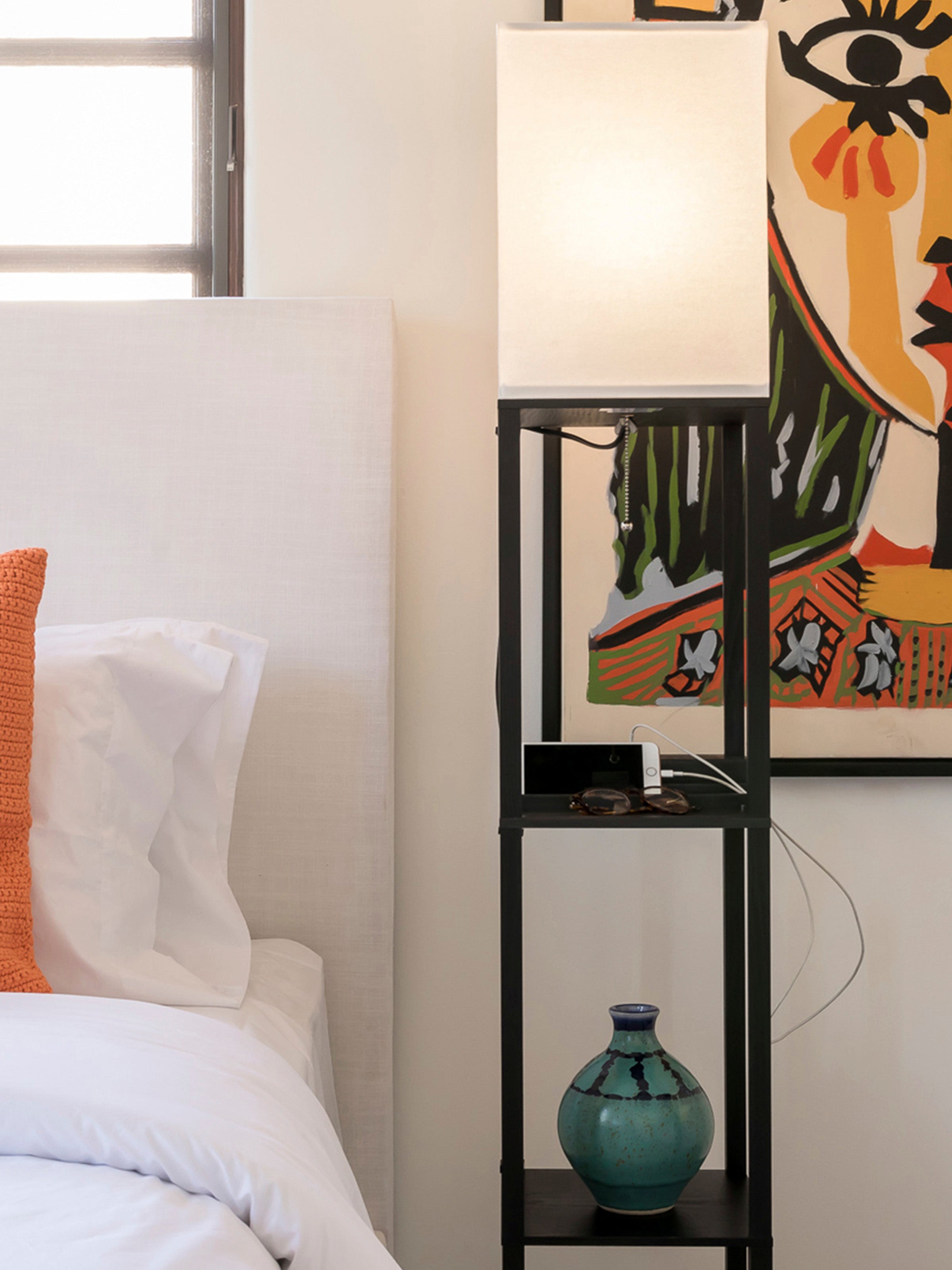 Maxwell Shelf & Led Floor Lamp With Lantern Shade, Usb Port, And Outlet