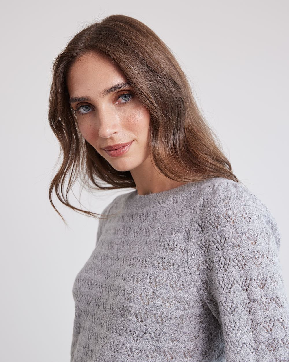 Long-Sleeve Boat-Neck Sweater with Pointelle Stitches