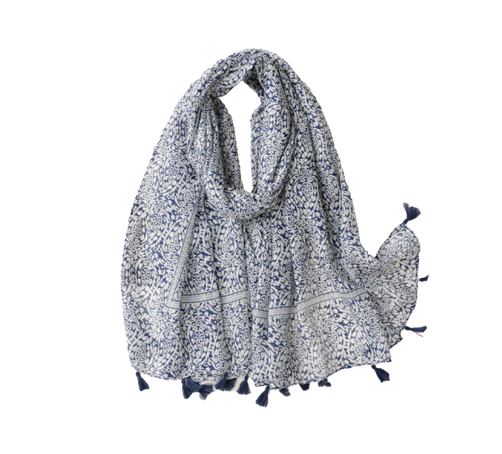 Navy multi pattern scarf with tassels - Don't AsK
