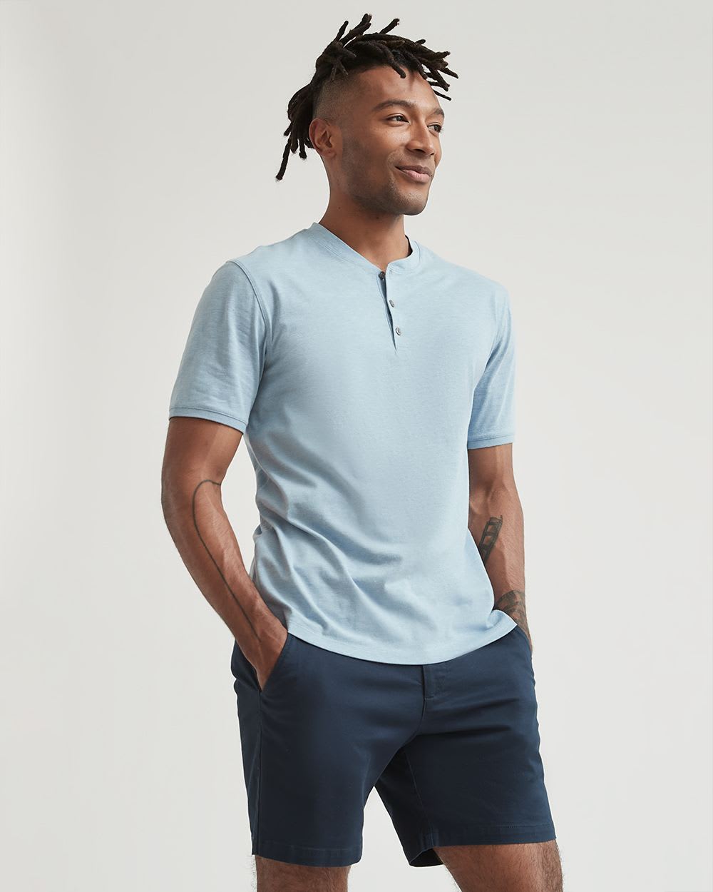 Solid Short-Sleeve Tee with Henley Neckline