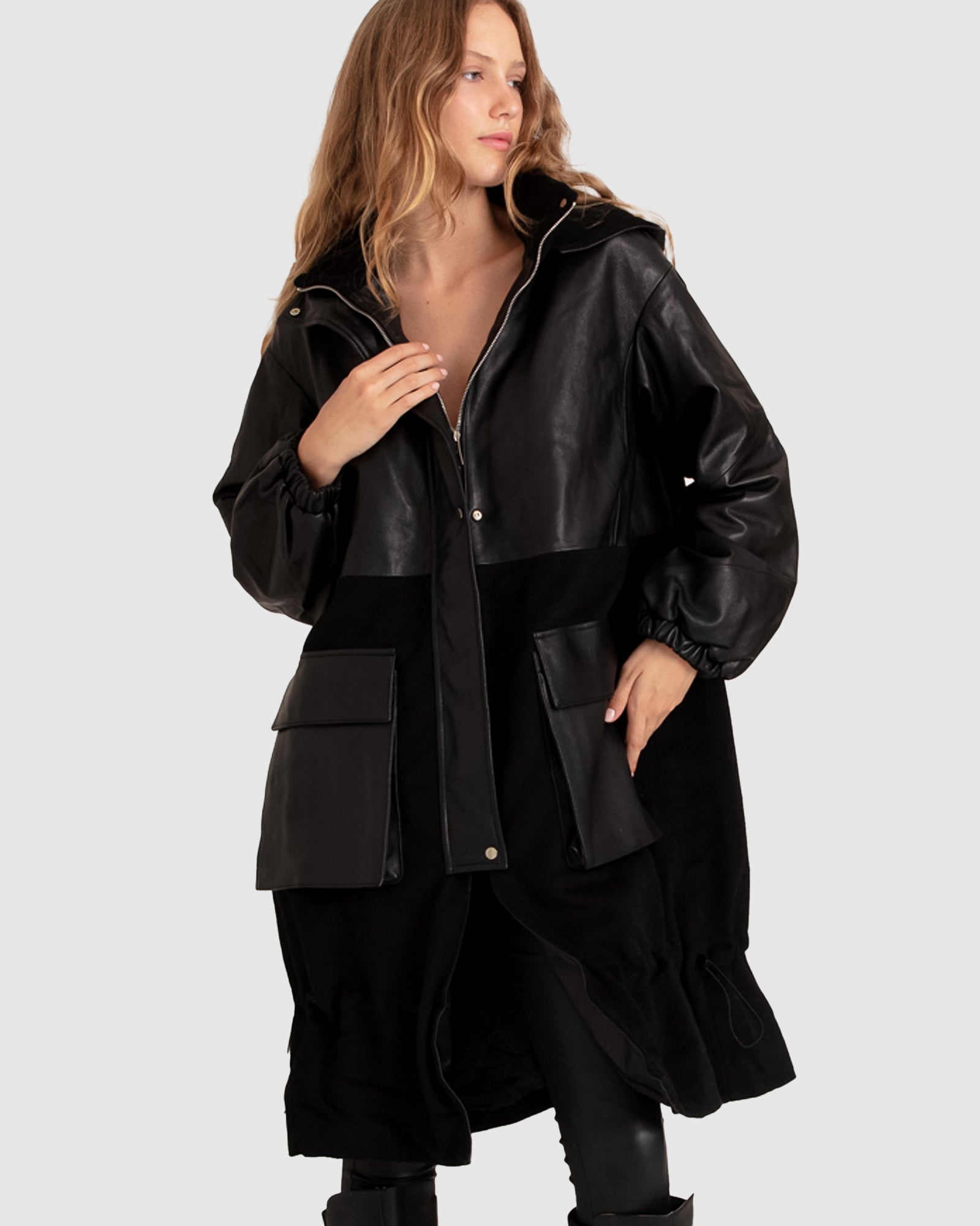 Belle & Bloom Back to Black Oversized Leather Panelled Coat