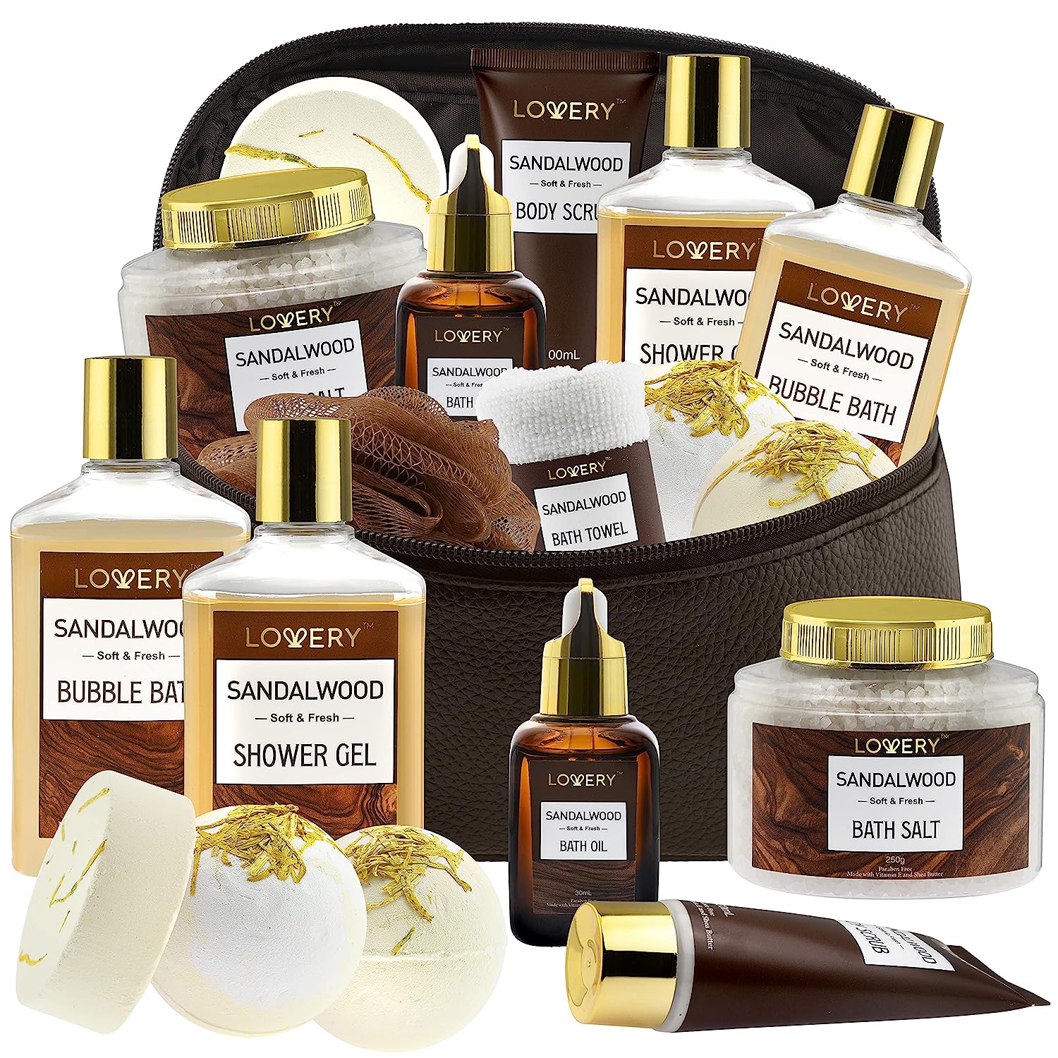 Lovery Luxury Spa Kit For Men - Sandalwood Bath Set - Personal Care Kit In Brown Leather Cosmetic Bag