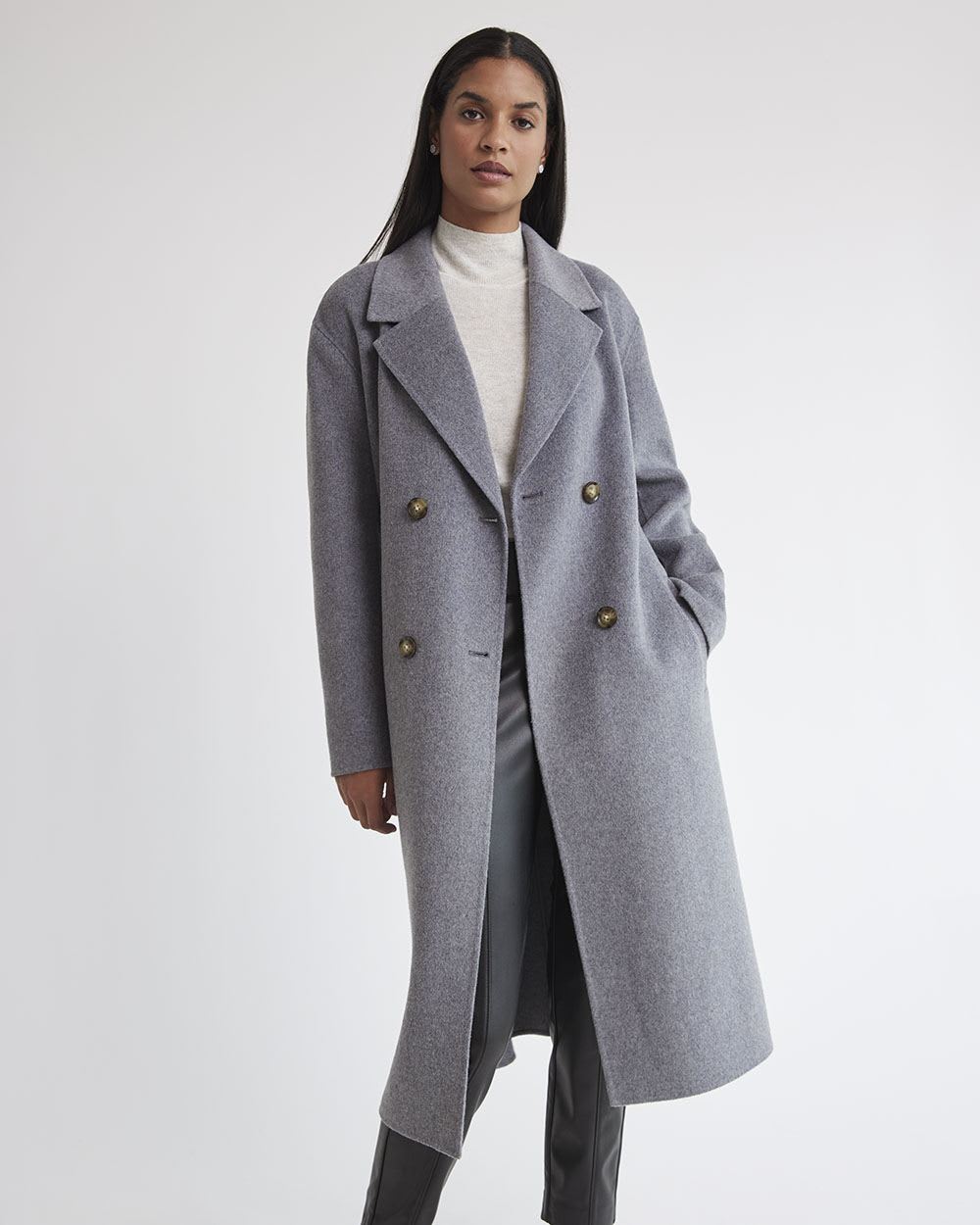 Grey Double-Breasted Luxurious Wool Coat with Belt