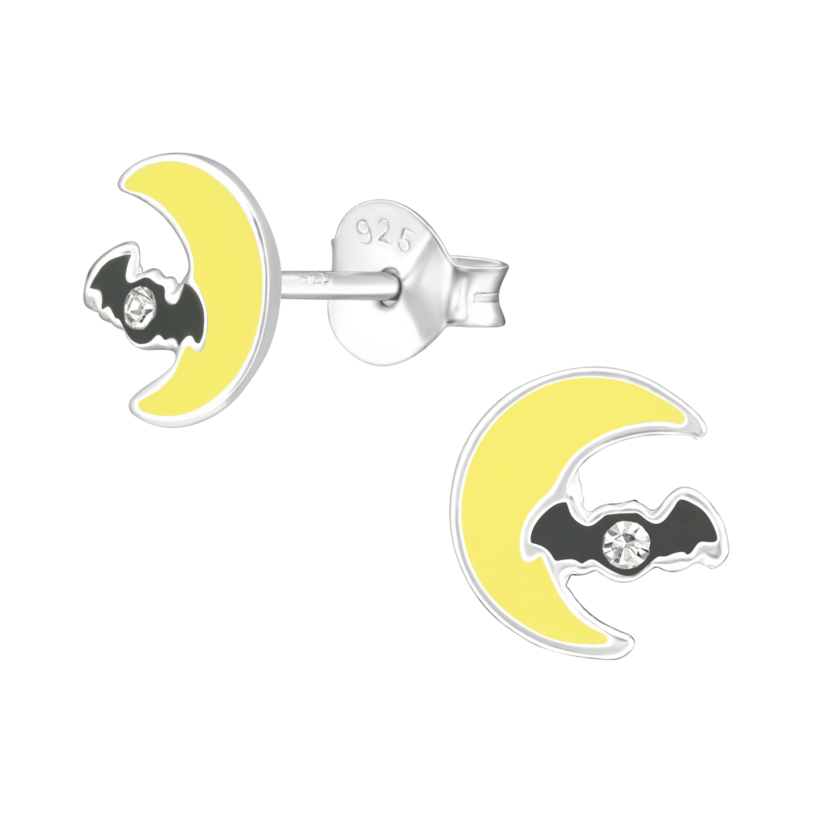 Sterling Silver & CZ Flying Bat Crescent Moon Stud Earrings - Ag Sterling