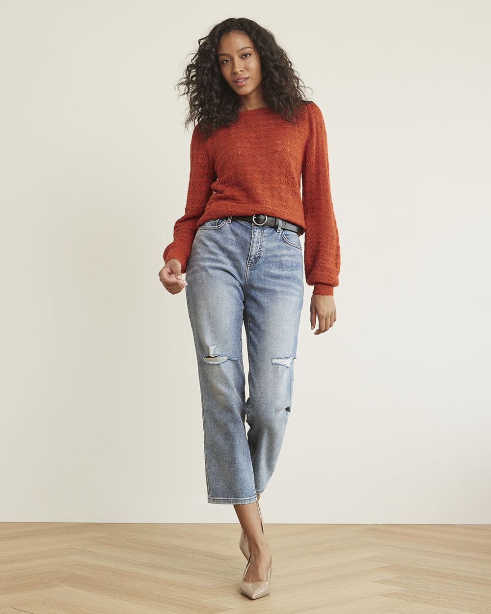Long-Sleeve Boat-Neck Sweater with Pointelle Stitches