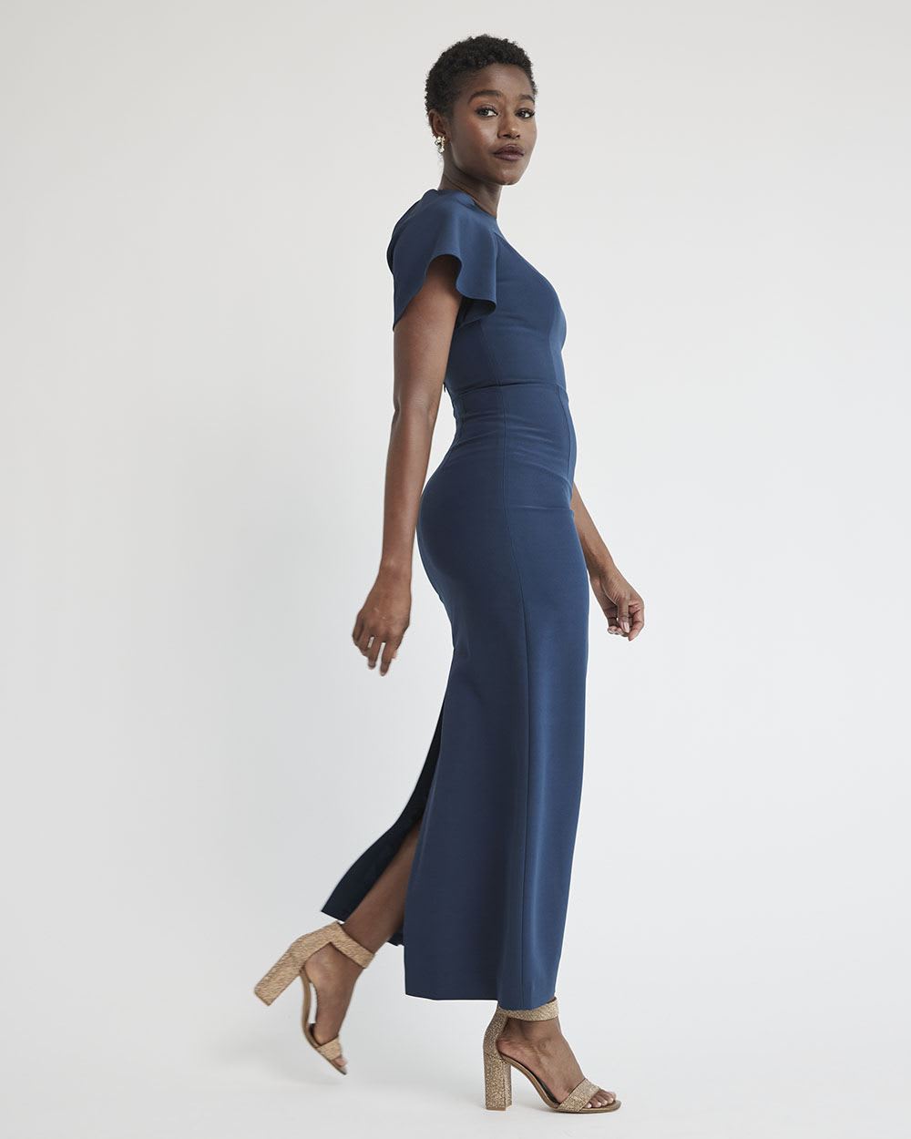 Short-Sleeve Maxi Cocktail Dress with Open Back