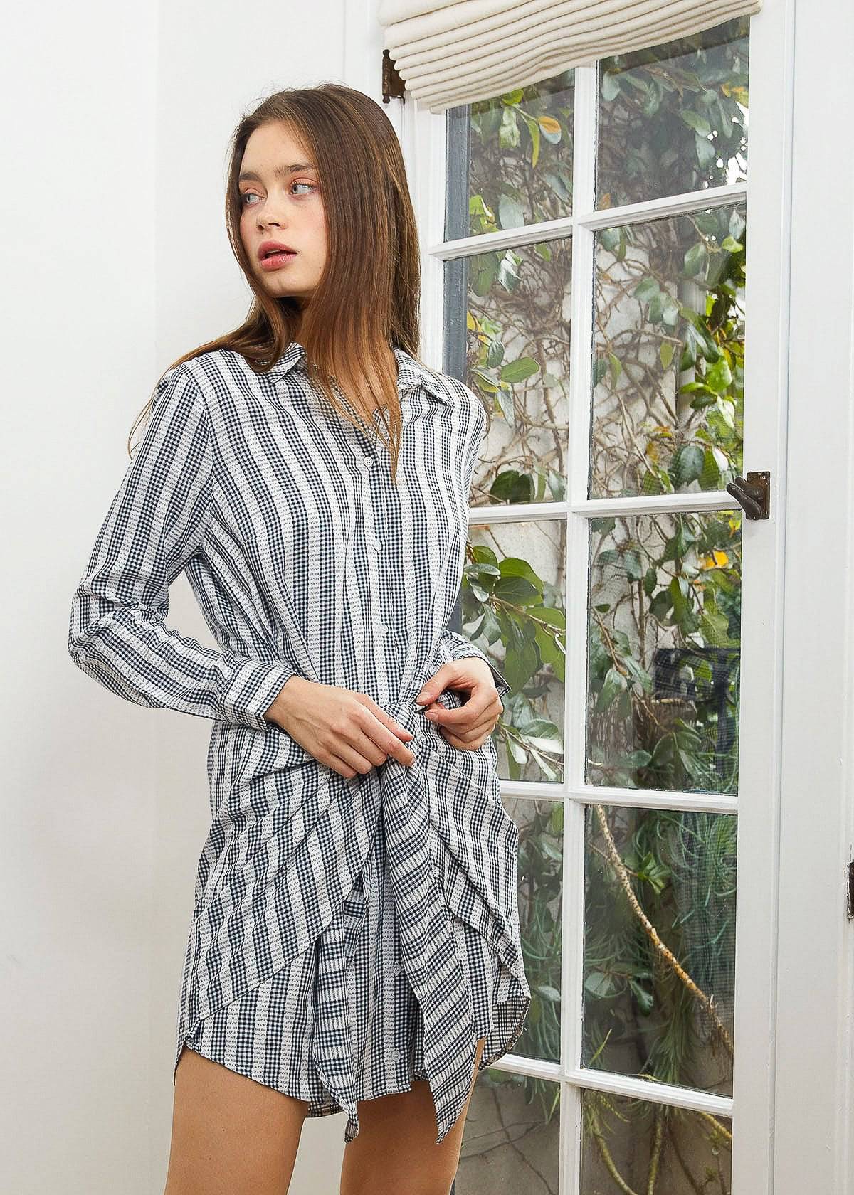 Nurode Lace Trim Wrapped Shirt Dress