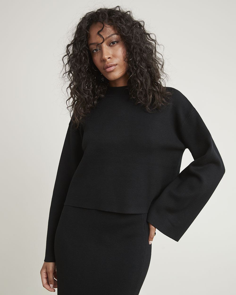 Mock-Neck Sweater with Long Bell Sleeves