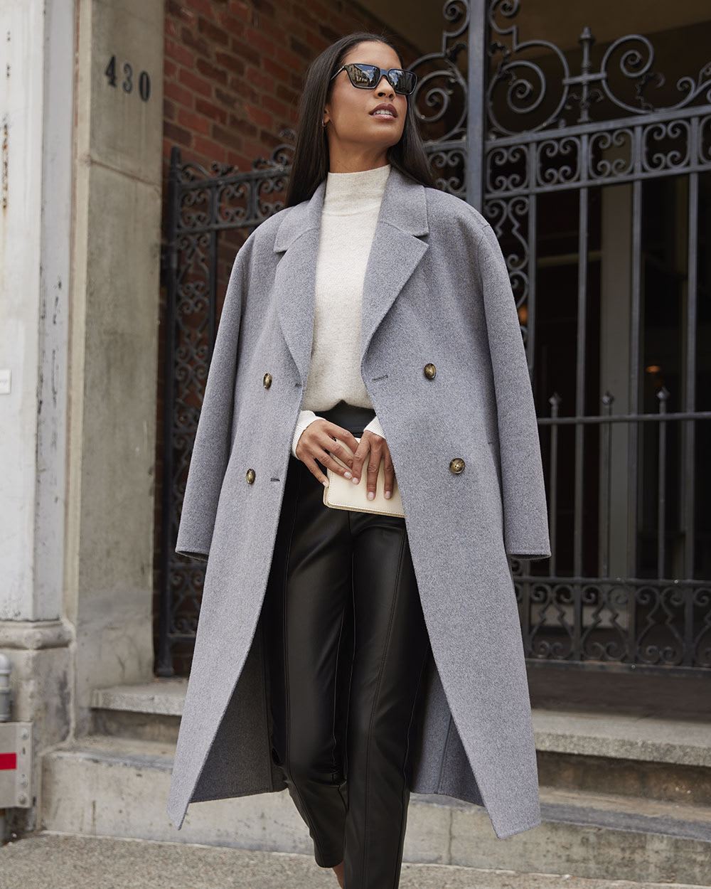 Grey Double-Breasted Luxurious Wool Coat with Belt