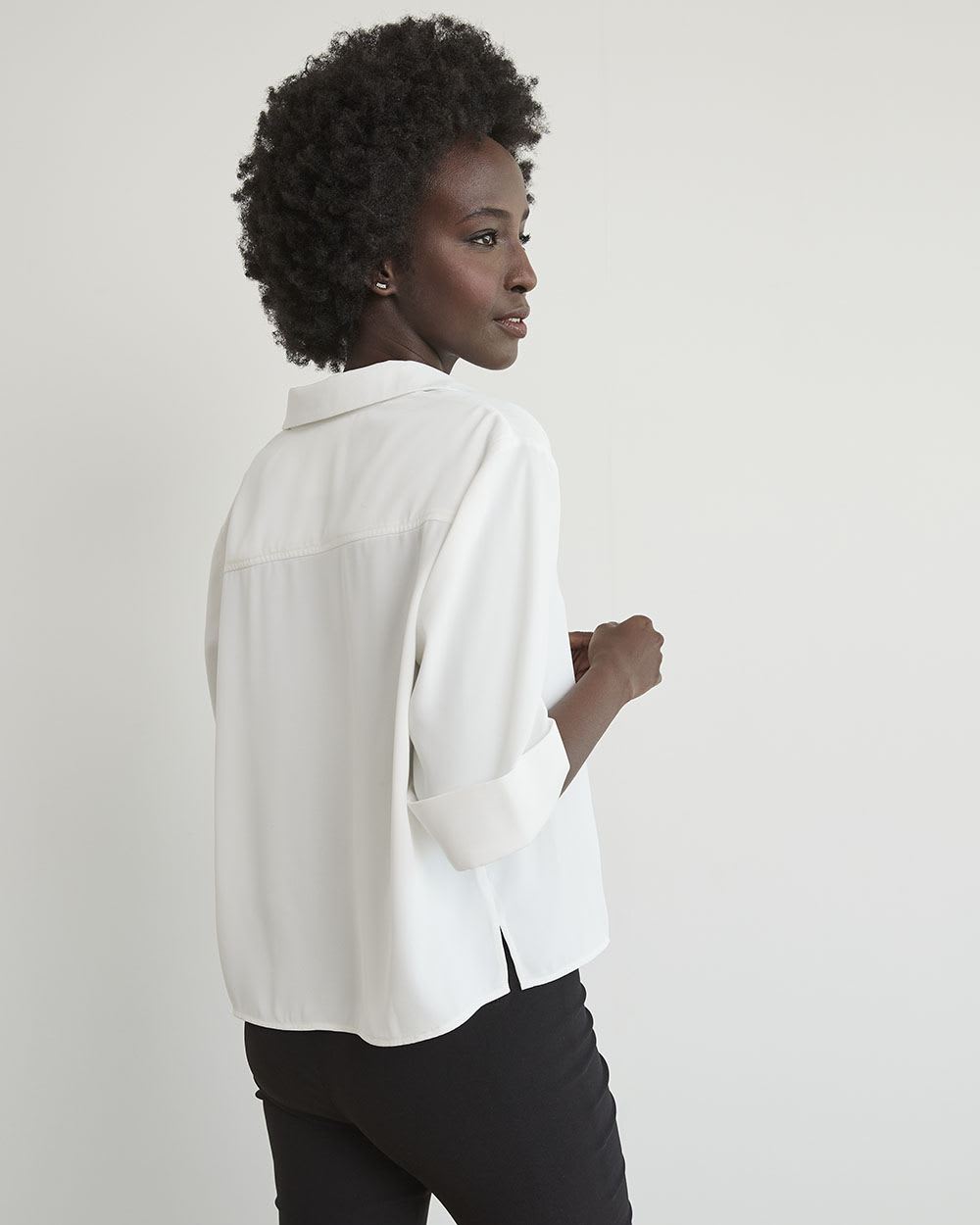 Soft Crepe Buttondown Blouse with Roll-Up Sleeves and Pocket