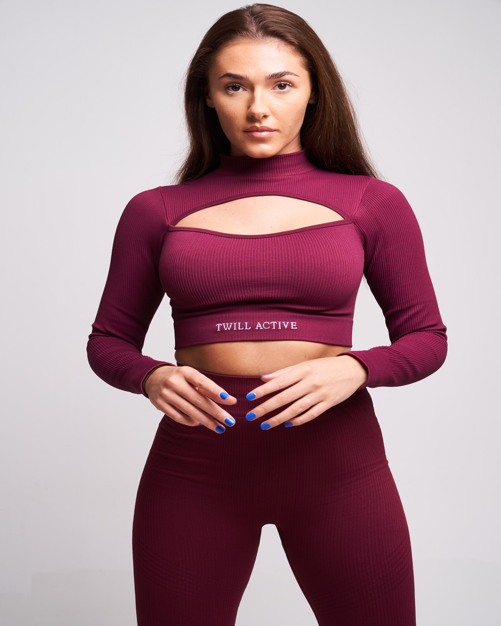 Twill Active - Viyella Recycled Rib High Neck Long Sleeve Crop Top - Burgundy