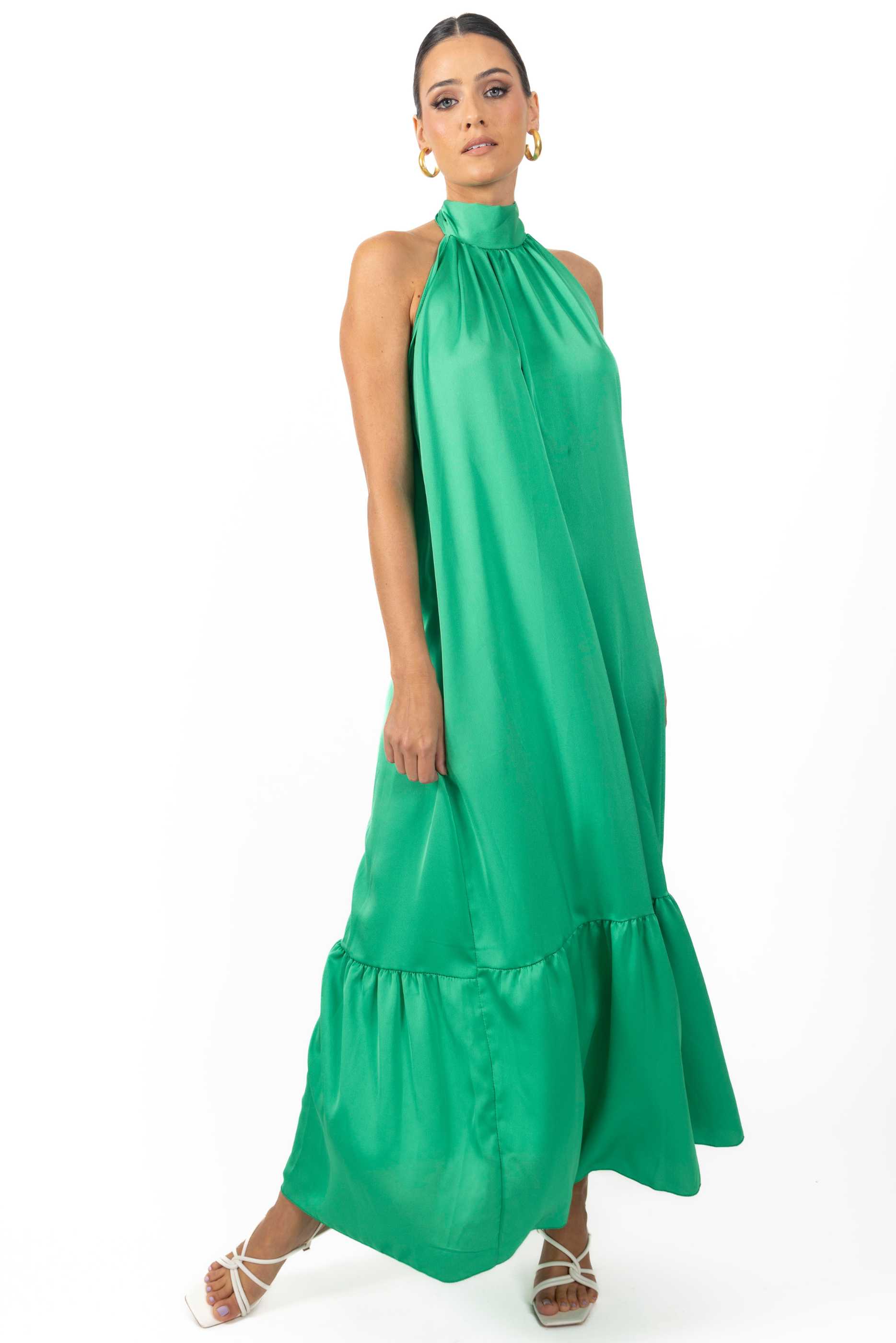 AKALIA Nalory Satin Silk Backless Maxi Dress In Green