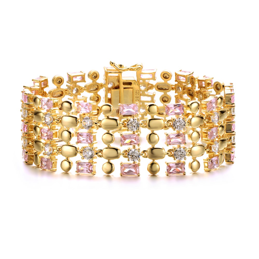 RG 14k Yellow Gold Plated Pink Morganite & Cubic Zirconia Wide Geometric Mesh Link Bracelet