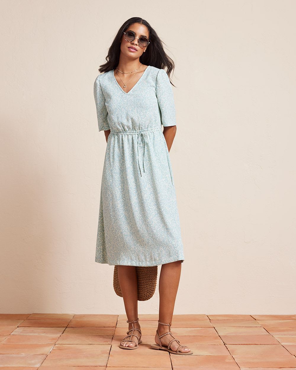3/4-Sleeve Fluid Fit and Flare Midi Dress with V Neckline