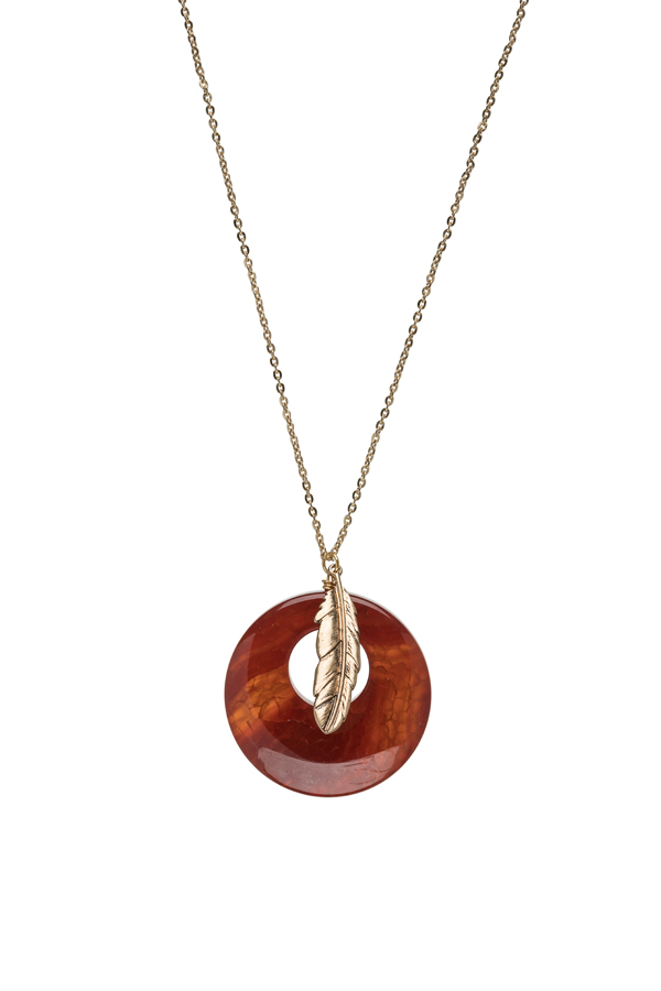 Goldtone Feather & Red Open Agate Circle Pendant Necklace - MICALLA