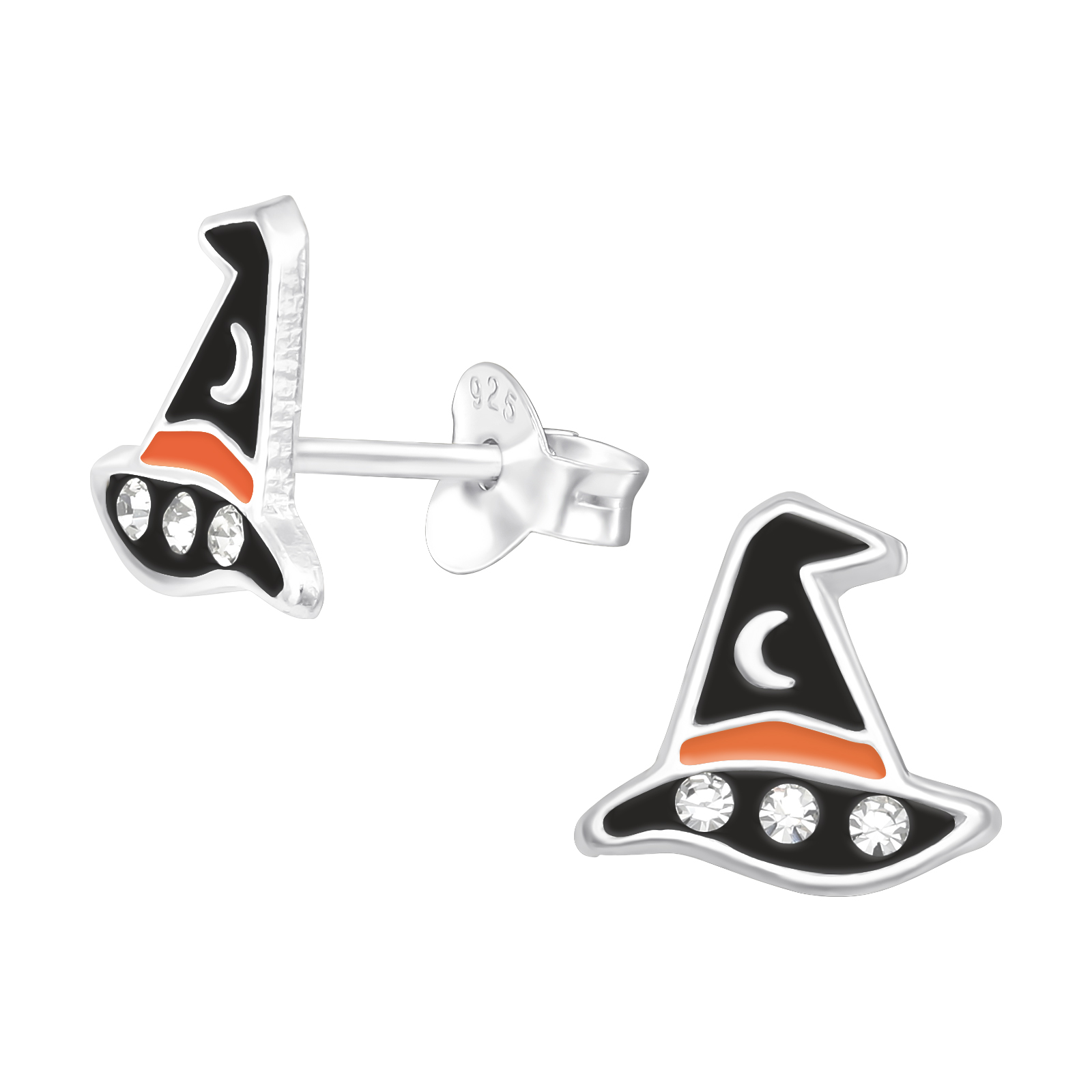 Sterling Silver CZ Black Witchs Hat Stud Earrings - Ag Sterling