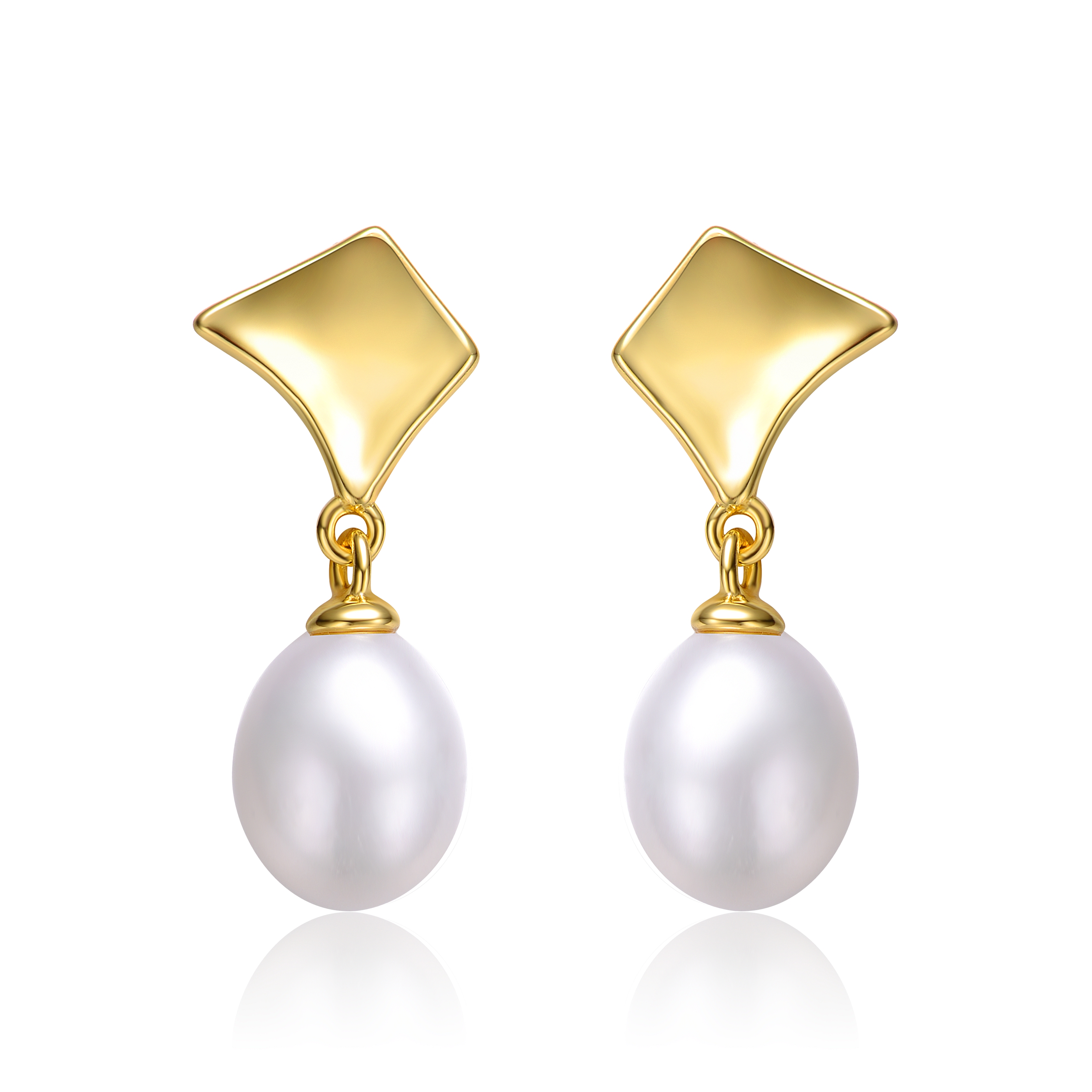 Sterling Silver 14k Yellow Gold with White Pearl Drop Geometric Shield Retro Dangle Earrings