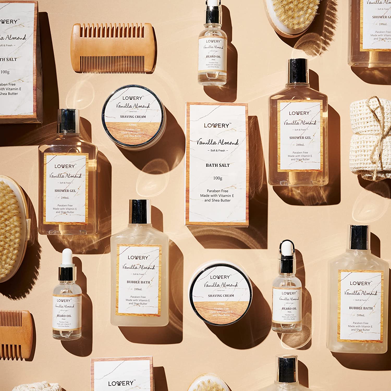 Lovery Luxury Spa Kit, 11pc Vanilla Almond Self Care Grooming Kit, Bath And Body Basket