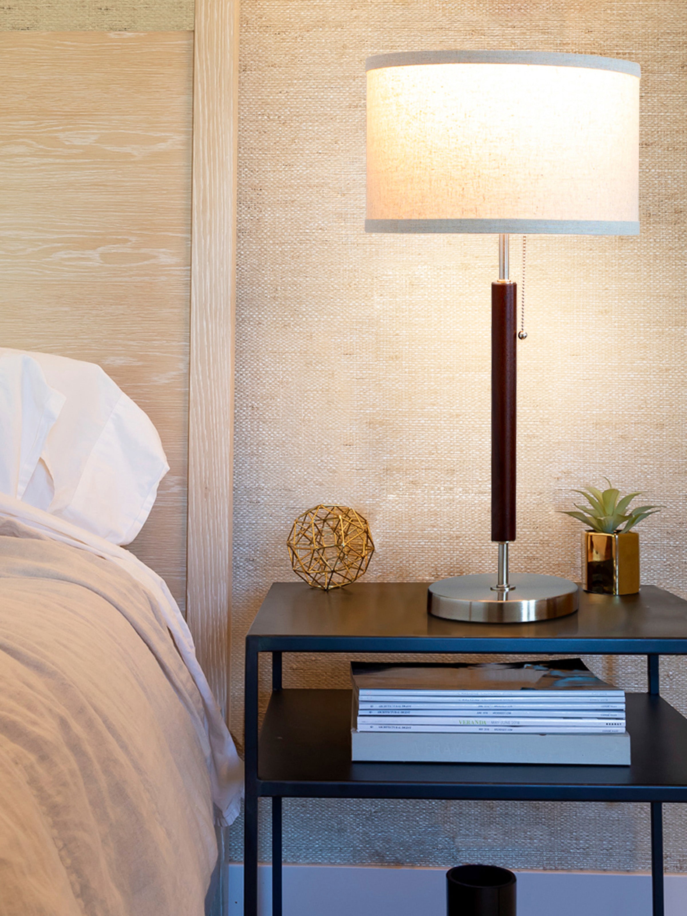 Carter Led Table Lamp With Drum Shade And Walnut Wood Finish