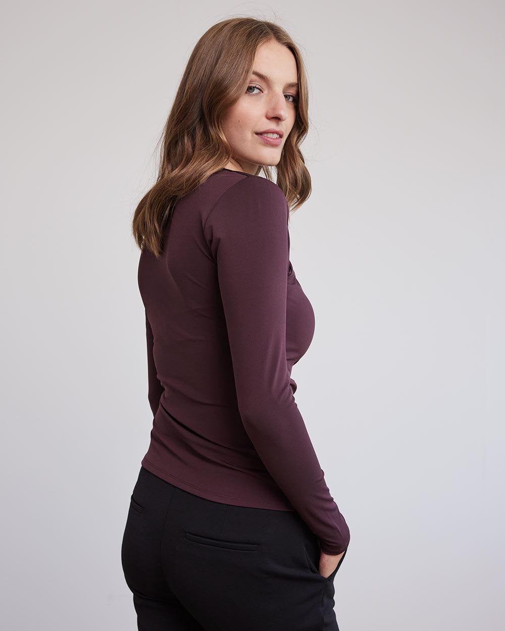 Long-Sleeve Top with Asymmetrical Draped Neckline