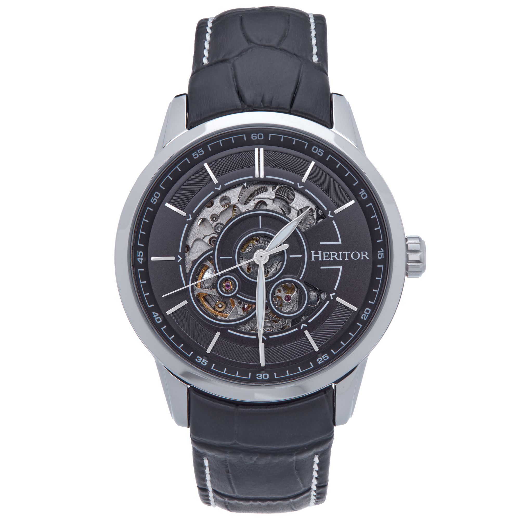 Heritor Automatic - Davies Semi-Skeleton Leather-Band Watch - Silver/Navy