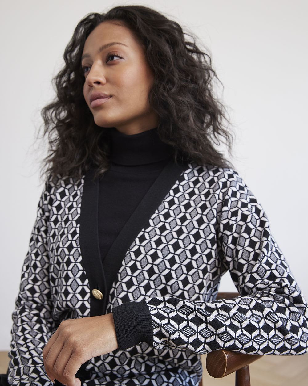 Long-Sleeve V-Neck Jacquard Cardigan