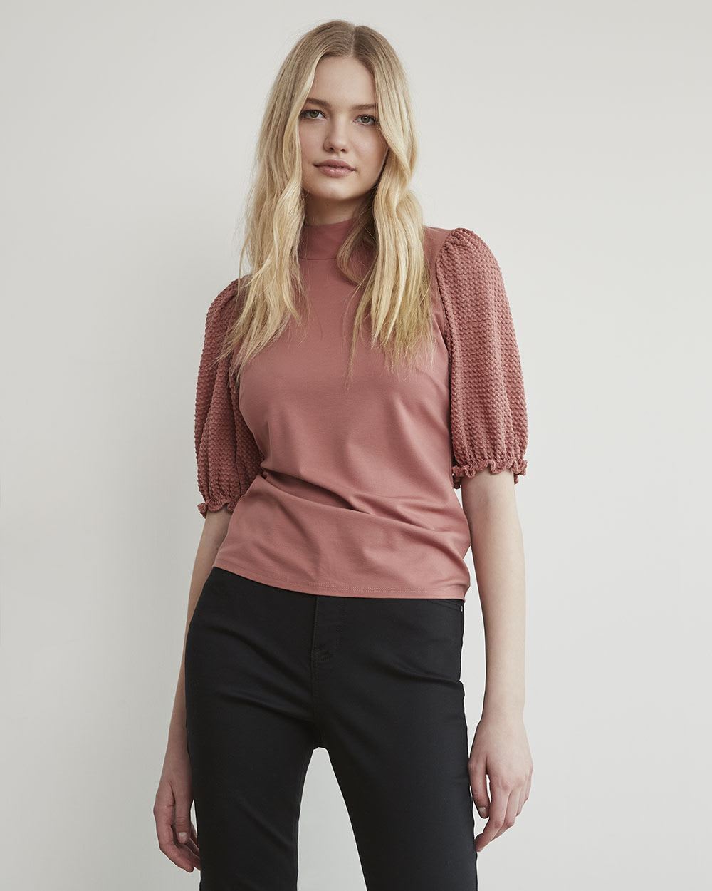 Mock-Neck T-Shirt with Short Puffy Sleeves