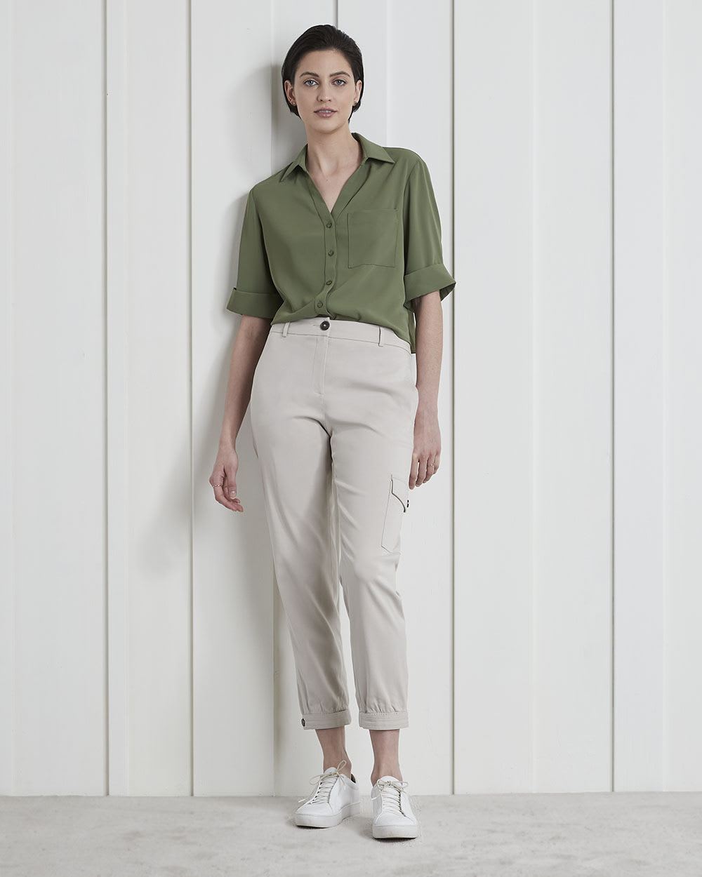Soft Crepe Buttondown Blouse with Roll-Up Sleeves and Pocket