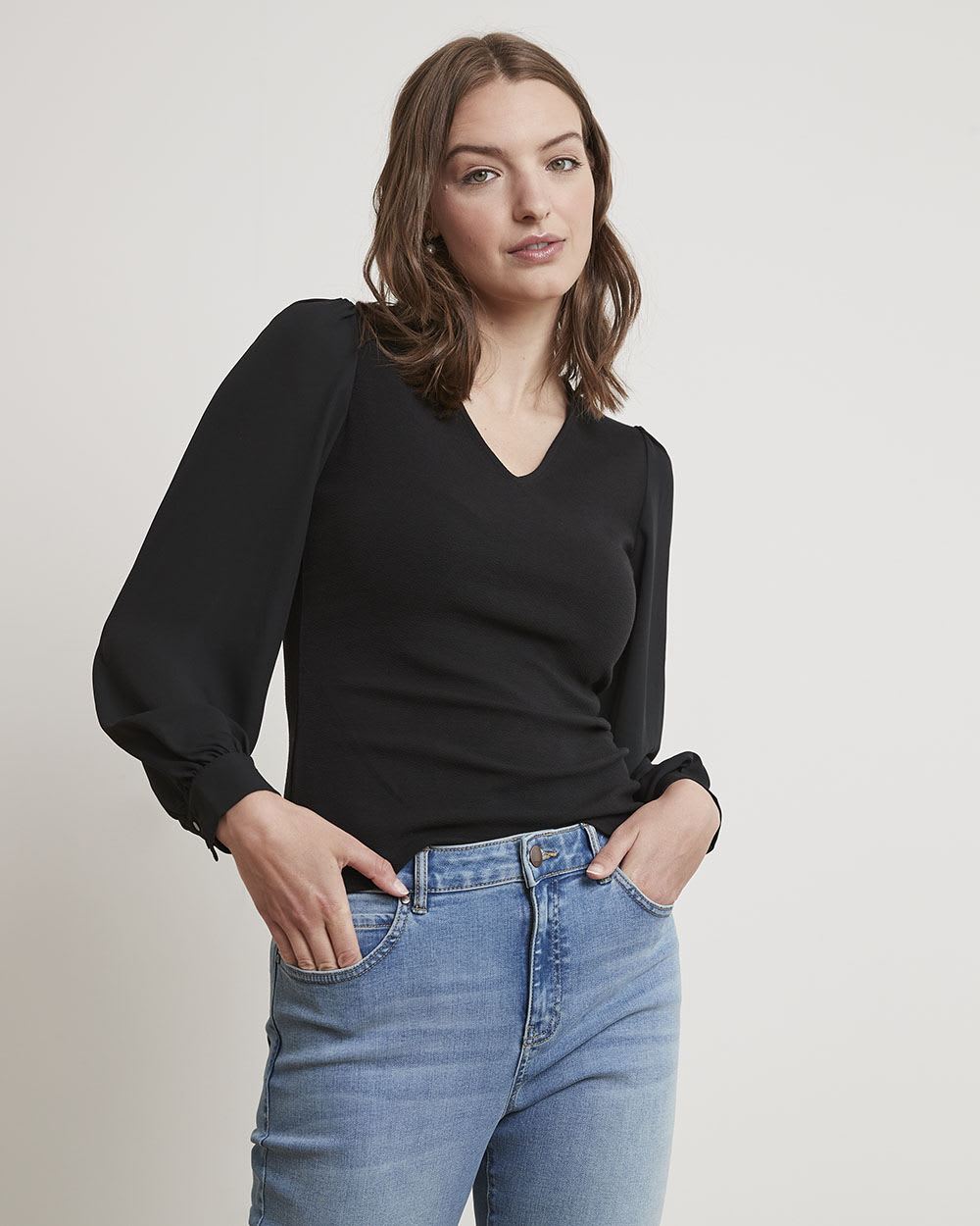 Mix-Media V-Neck Top with Long Puffy Sleeves