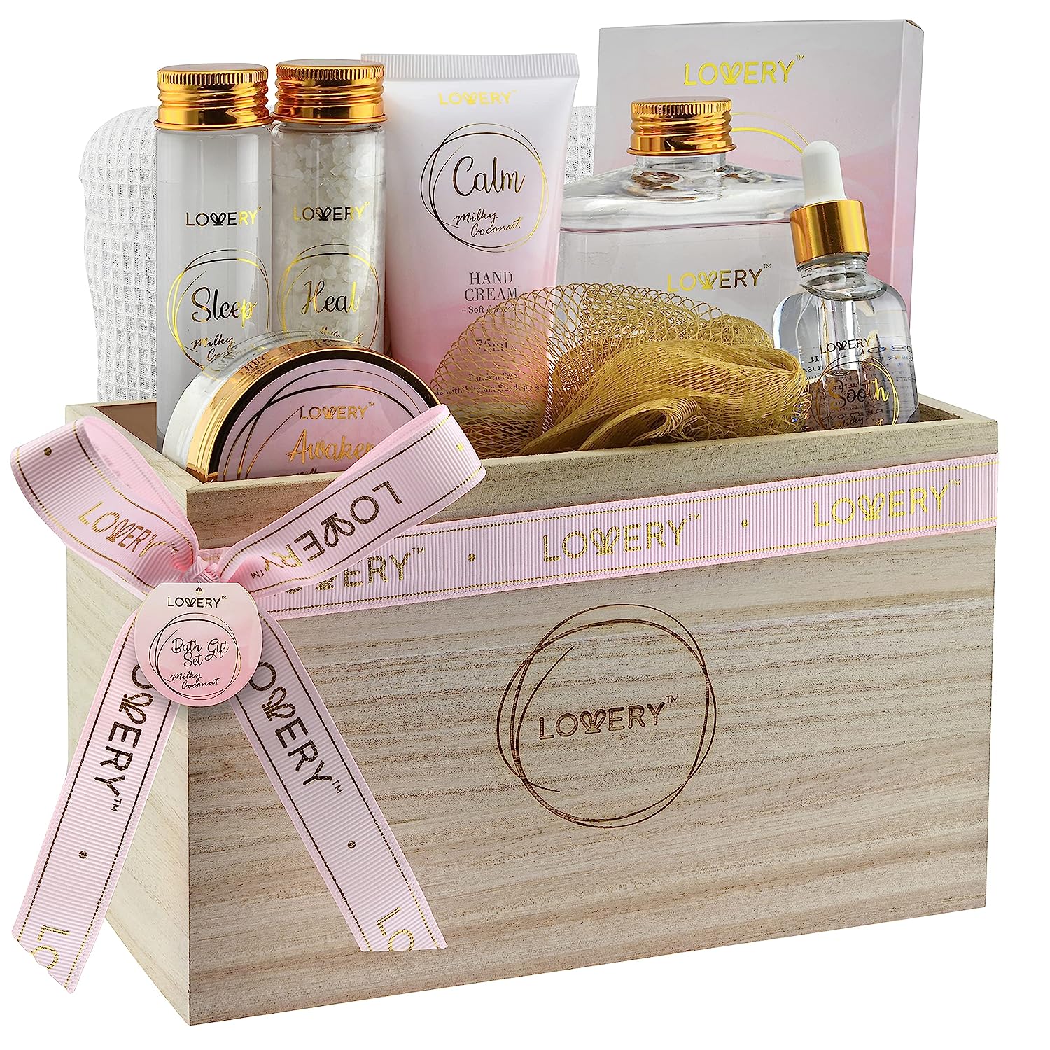 Lovery Luxury Home Spa Gift Basket - Milky Coconut Scent - Bath Pillow, Wooden Crate & More