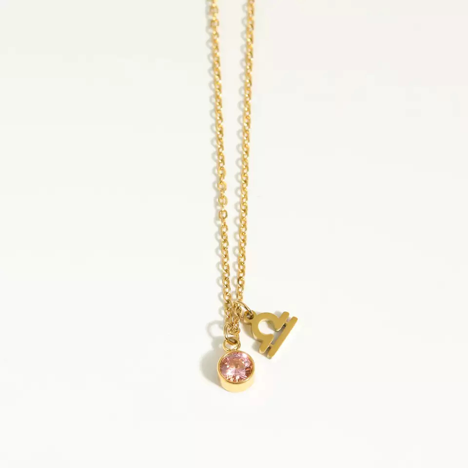 Goldtone zodiac and birthstone necklace in stainless steel - libra - Eva Sky2