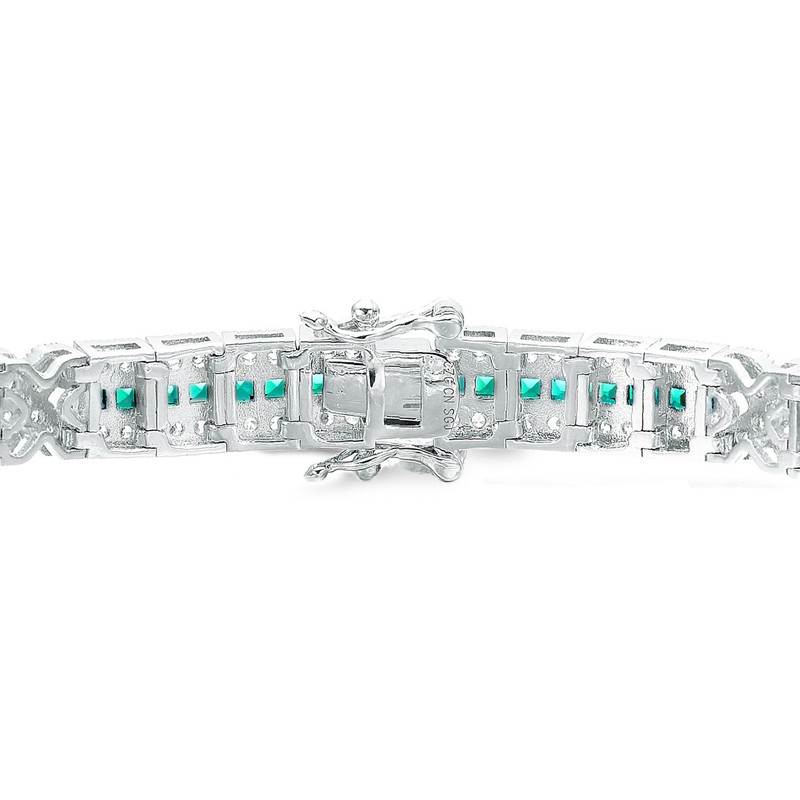 925 Sterling Silver White Gold Plating with Colored Baguette Cubic Zirconia Link Bracelet