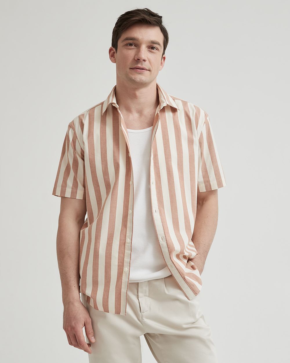Short-Sleeve Cotton Oxford Shirt with Large Stripes