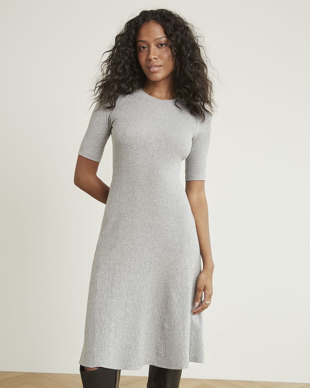 Fit and Flare Elbow-Sleeve Midi Dress