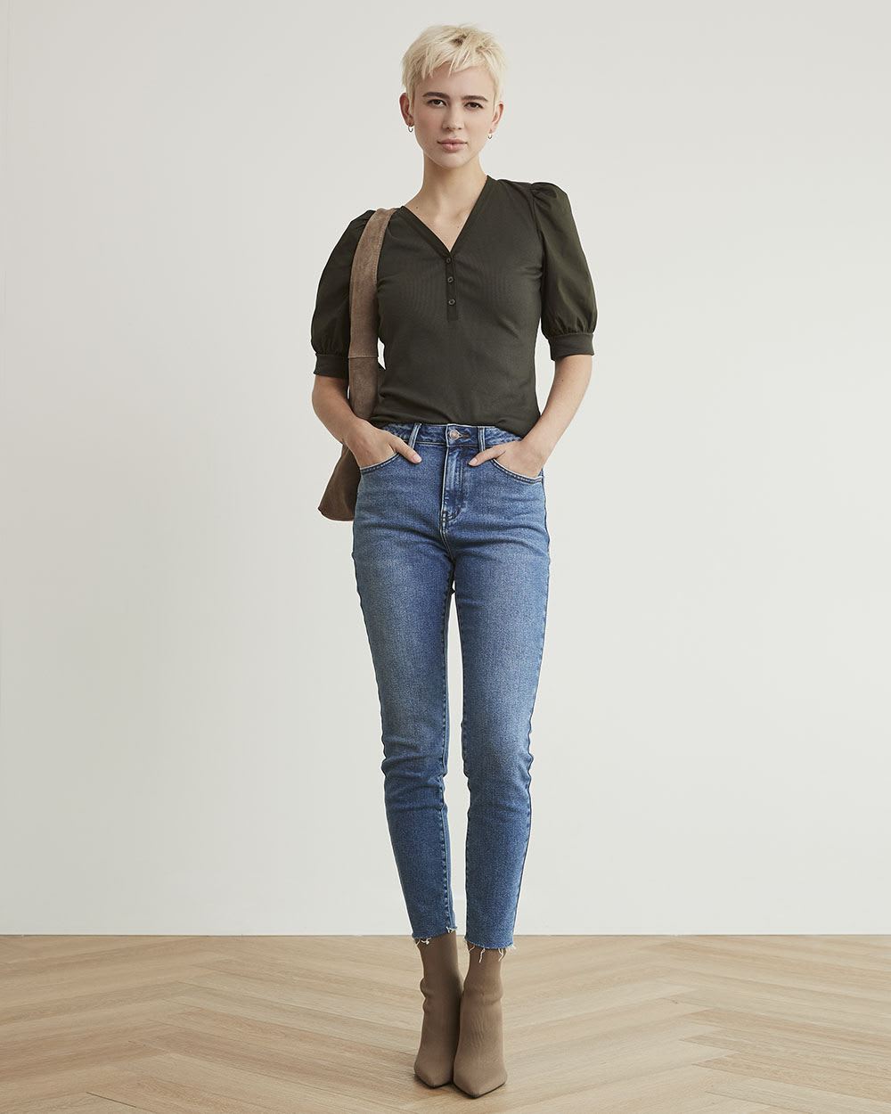Mix-Media Henley Top with Short Puffy Sleeves