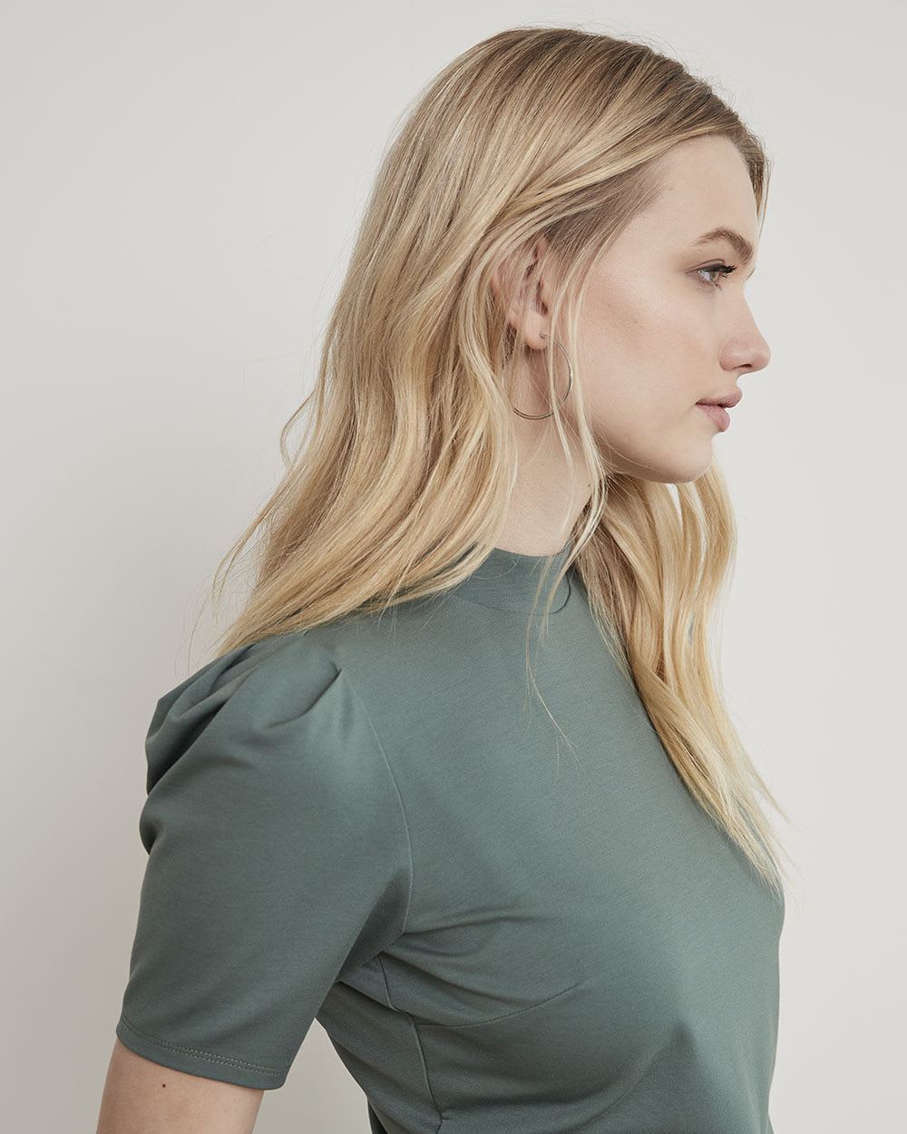 Mock-Neck T-Shirt with Short Puffy Sleeves