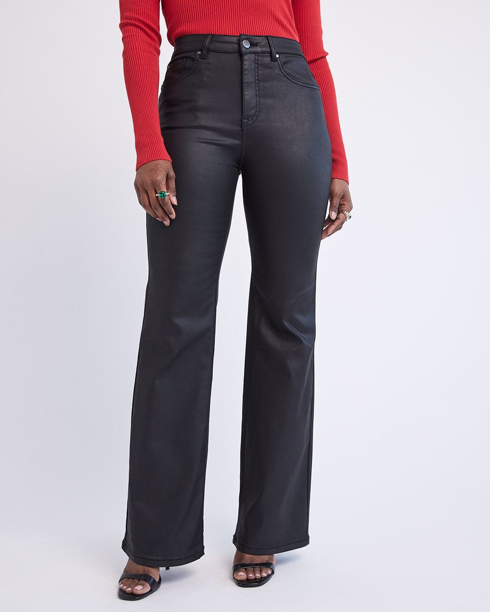 Flare-Leg High-Rise Black Coated Jeans