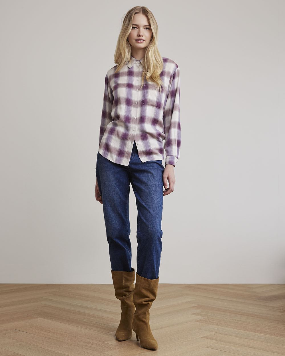 Long-Sleeve Buttoned-Down Brushed Twill Plaid Shirt