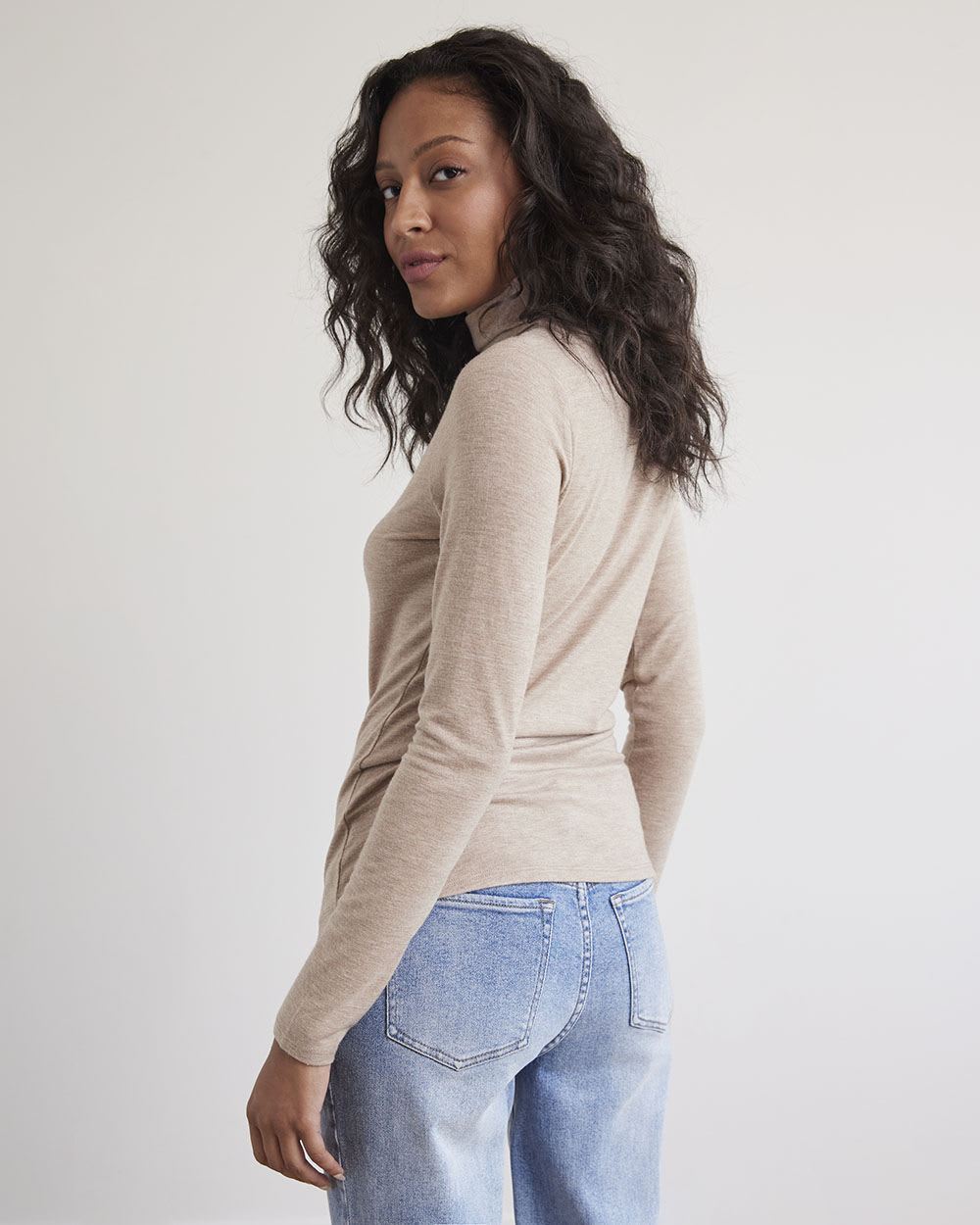 Long-Sleeve Mock-Neck Brushed Knit Tee