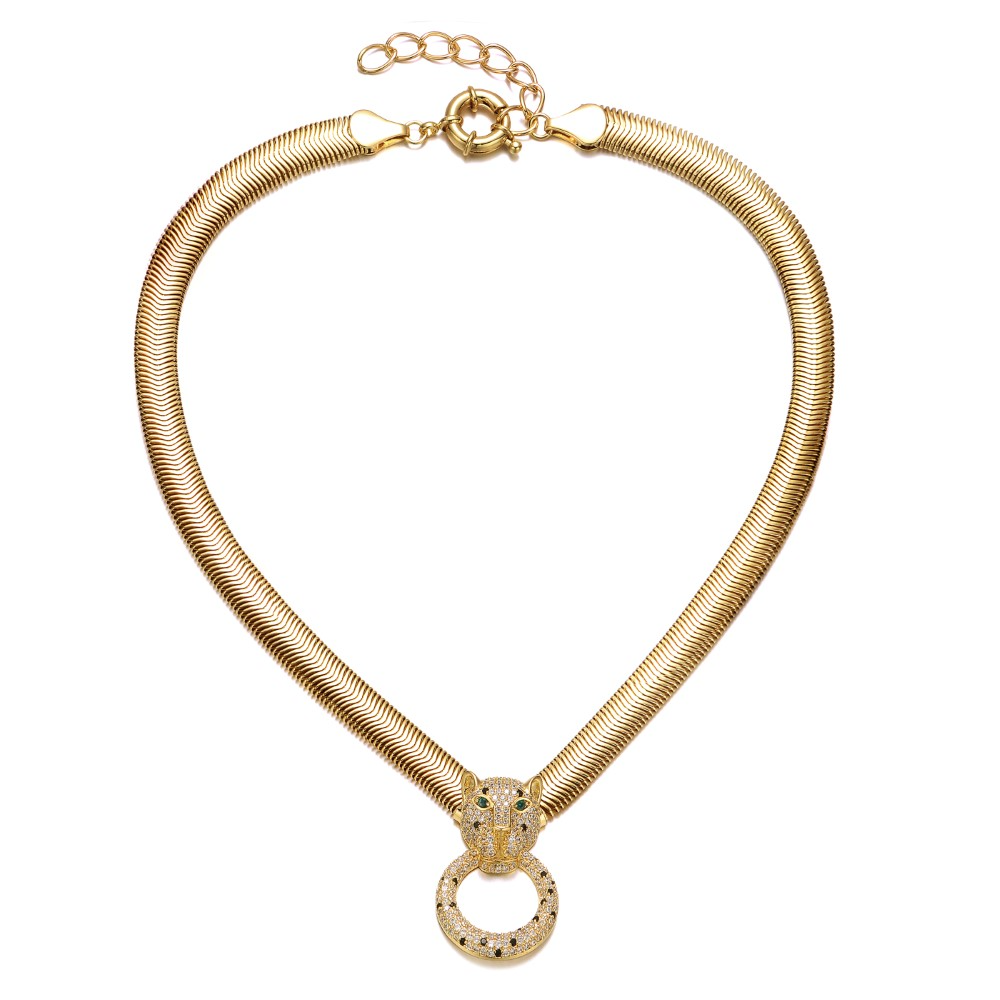 RG 14k Yellow Gold Plated with Emerald & Cubic Zirconia Panther Head Door Knocker Wire Herringbone Chain Necklace - Adjustable w/ Extension Chain