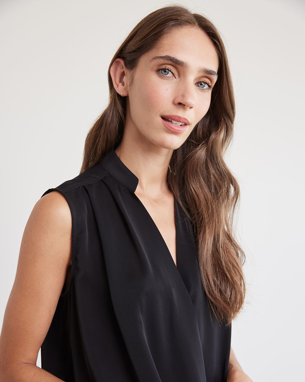 Sleeveless Popover Wrap Twill Blouse