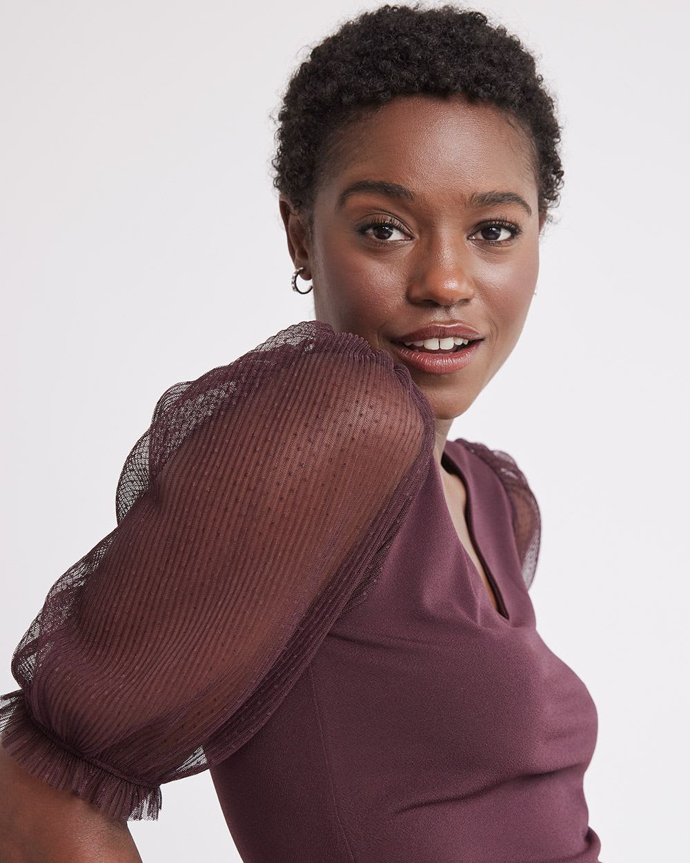 V-Neck Top with Sheer Puffy Sleeves