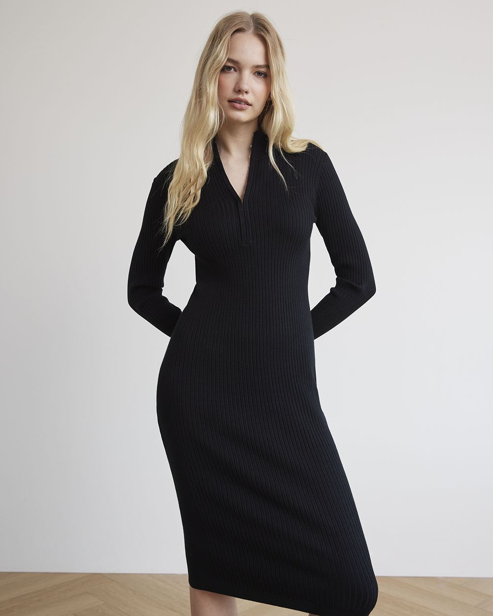 Long-Sleeve Mock-Neck Ribbed Dress