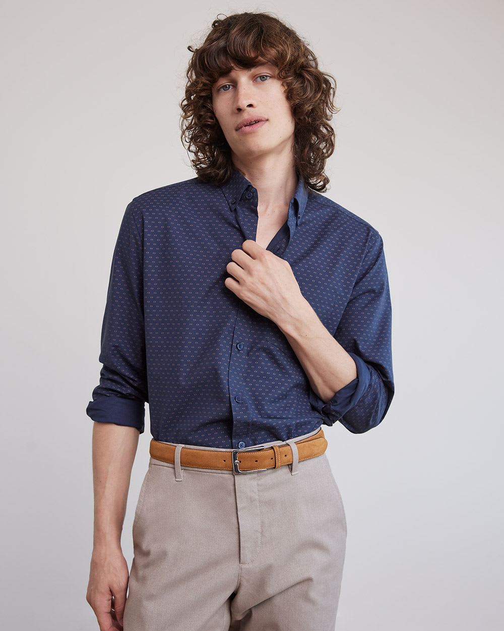 Slim-Fit Cotton Oxford Shirt with Geo Pattern