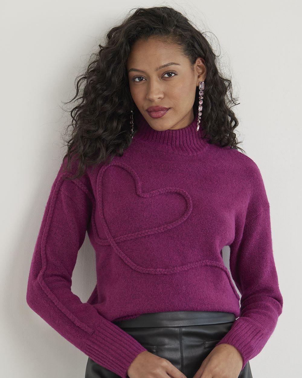 Long-Sleeve Mock-Neck Sweater with Braided Heart