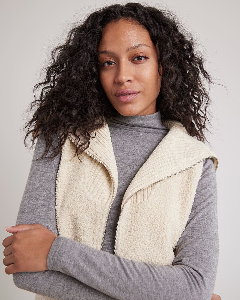 High-Neck Sherpa Vest with Zipper Closure
